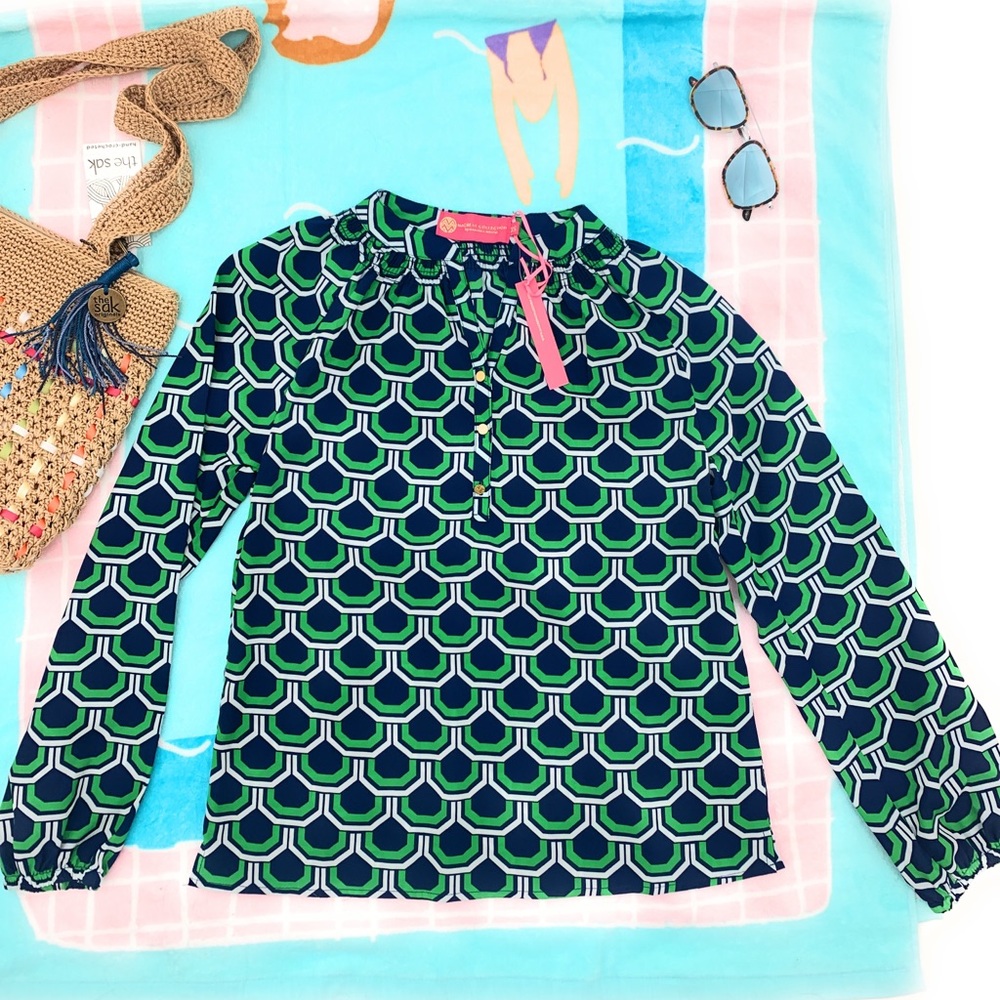 Macbeth Collection women’s Green & Blue Blouse Large NEW - Picture 1 of 3